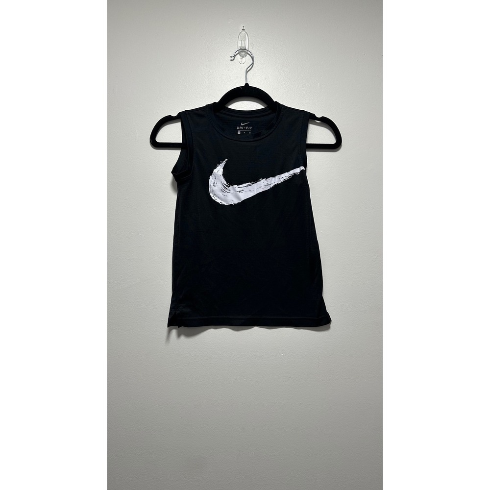 Nike Dri-FIT Kids Small Black Sleeveless Tank Top Brushstroke Swoosh Graphic